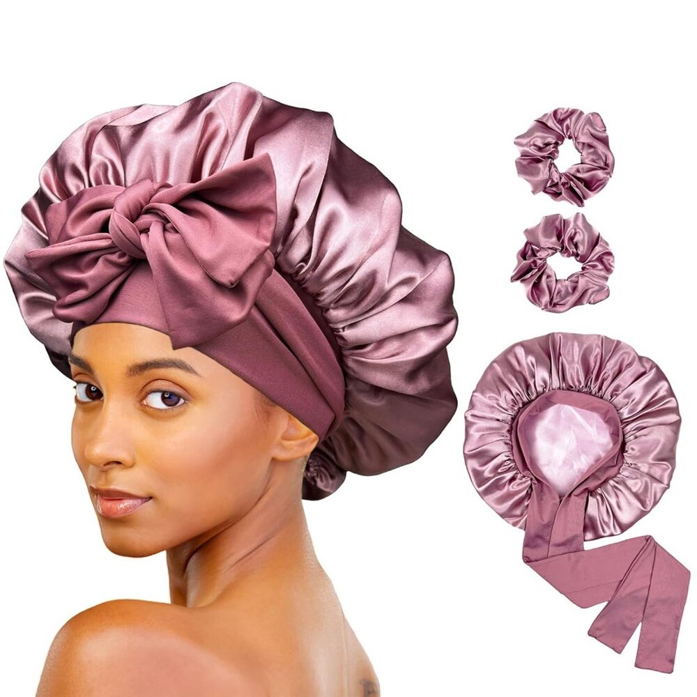 Satin Bonnet for Sleeping Silk Hair Bonnet for Sleeping Women Double Layer-Pink